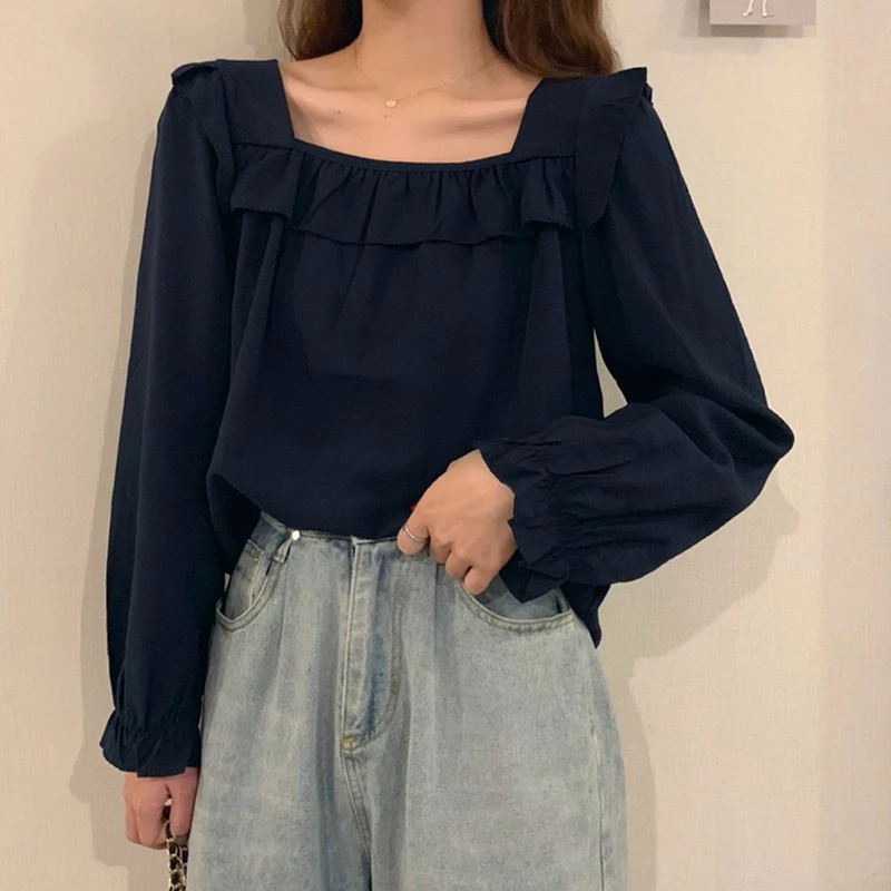 Autumn Women White Shirt Square Collar Long sleeved Solid Color Petal Sleeve Thin Blouses Women Clothing